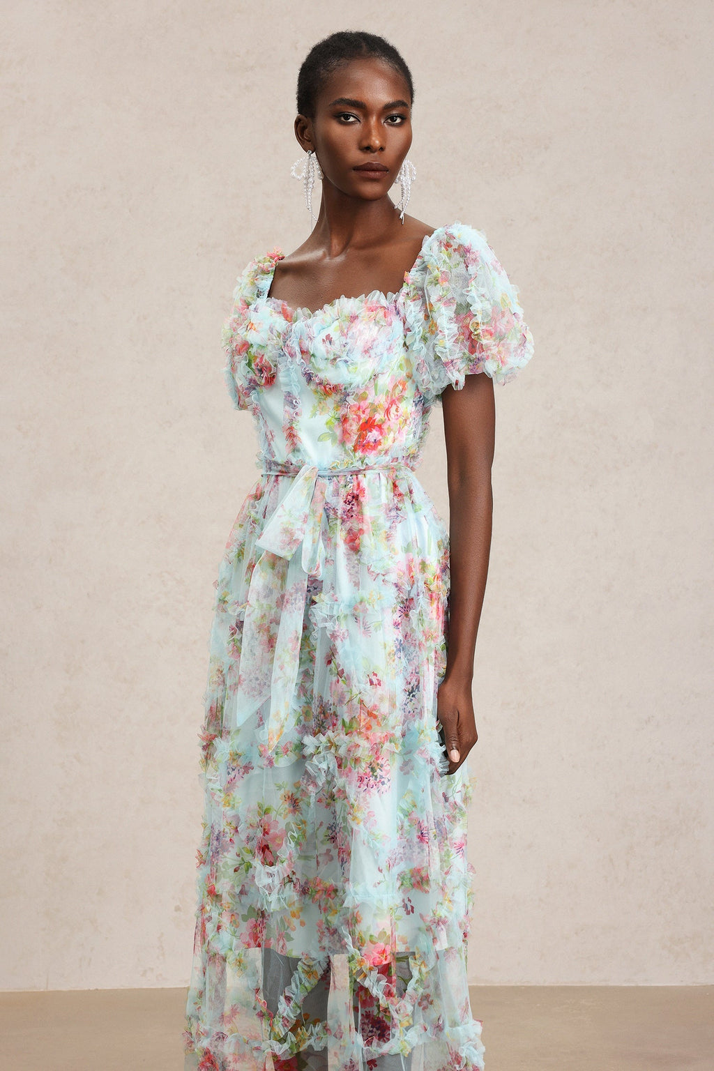 Mikayla Blue Floral Midi Dress with Ruffles and Bow Detail