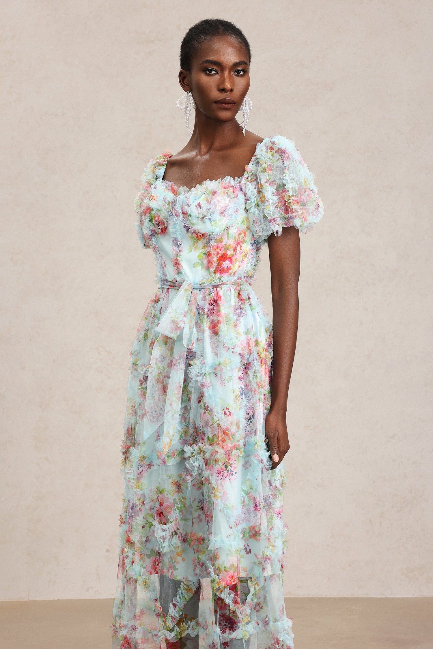Mikayla Blue Floral Midi Dress with Ruffles and Bow Detail