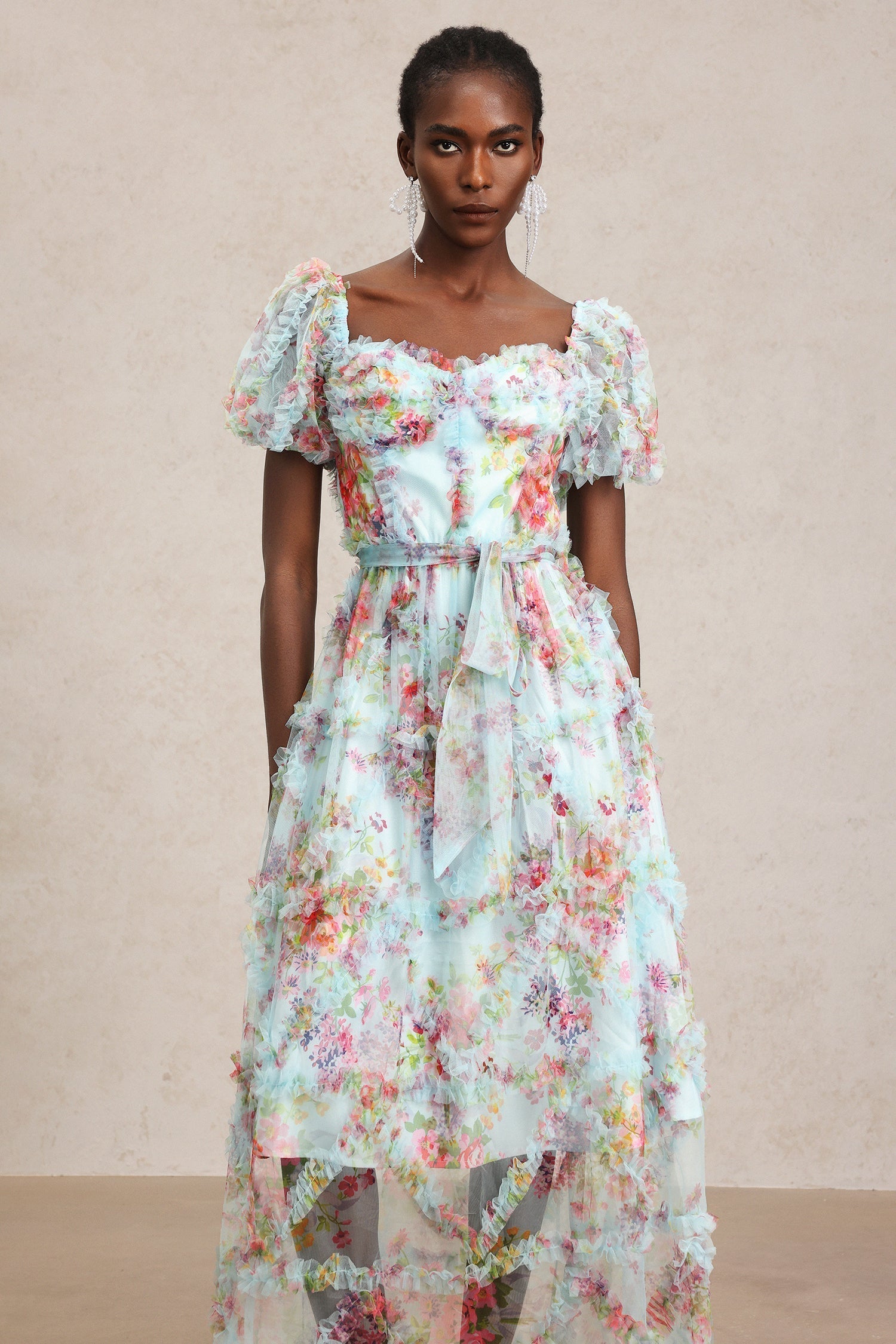 Mikayla Blue Floral Midi Dress with Ruffle Detail and Bow Accent