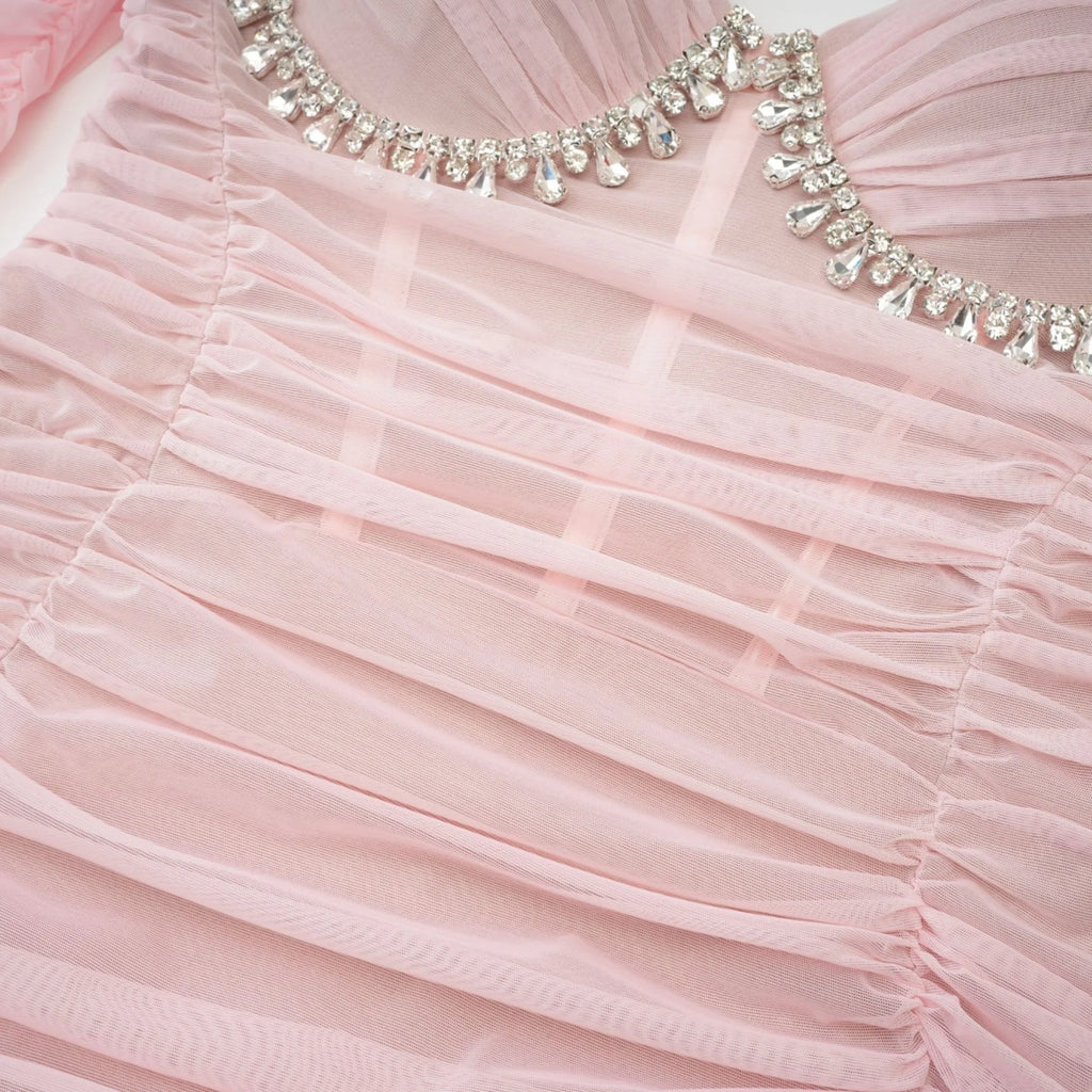 Mikayla Midi Dress Pink Sweetheart Puff Sleeve Open Back Zip