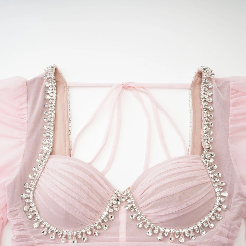 Mikayla Midi Dress Pink Sweetheart Puff Sleeve Open Back Zip