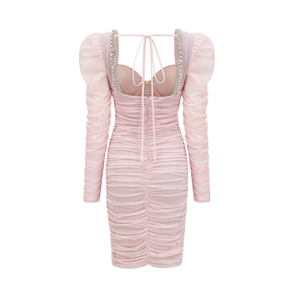Mikayla Midi Dress Pink Sweetheart Puff Sleeve Open Back Zip