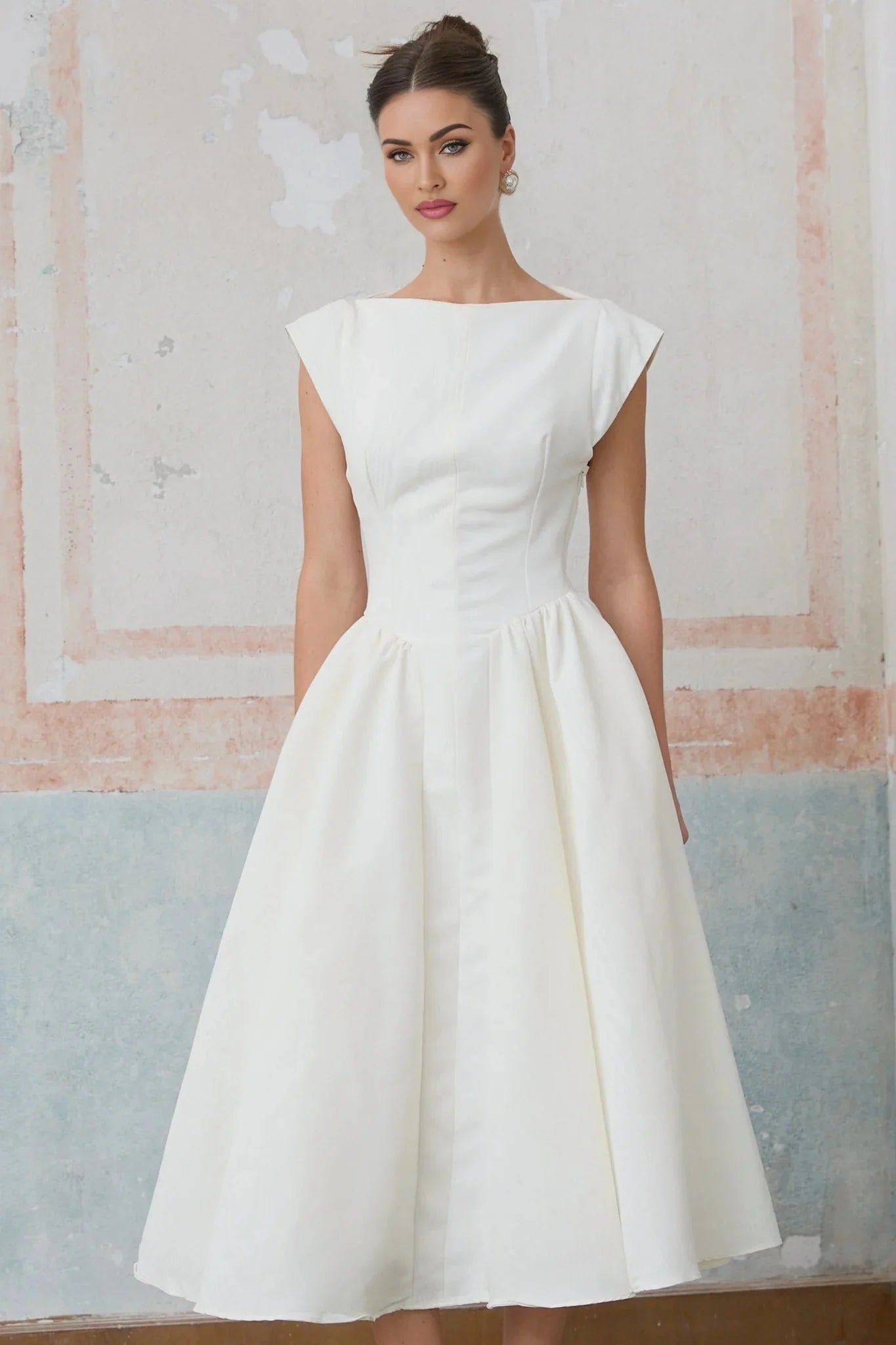 Mikayla Midi Dress White Open - Back Cap - Sleeve & Pleated Charm