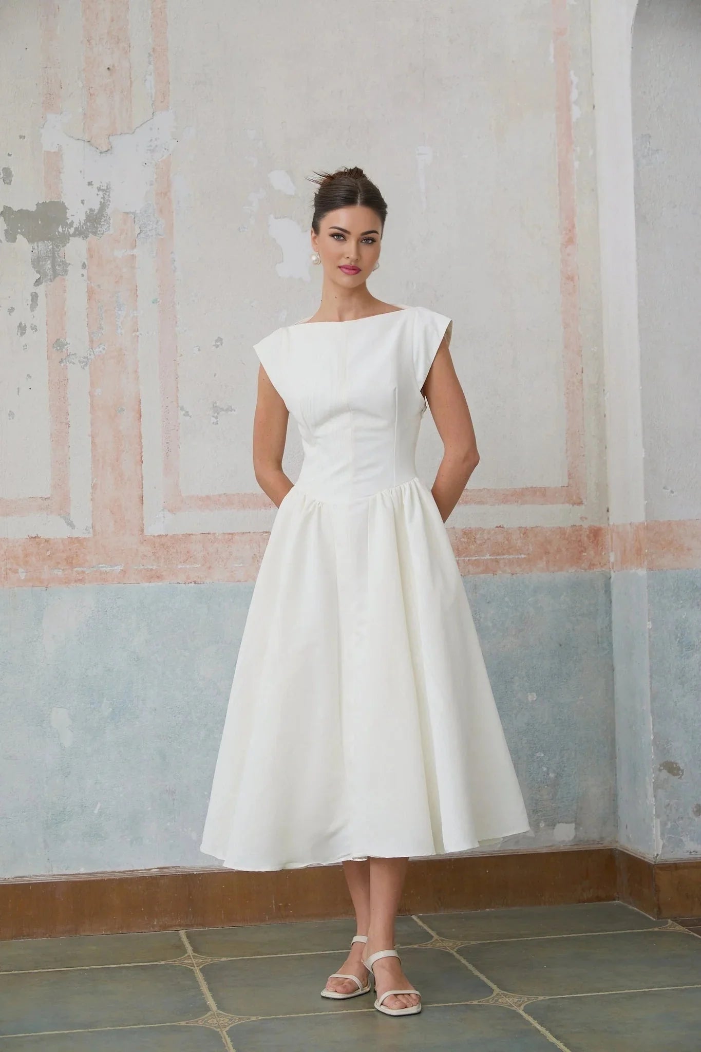 Mikayla Midi Dress White Open - Back Cap - Sleeve & Pleated Charm