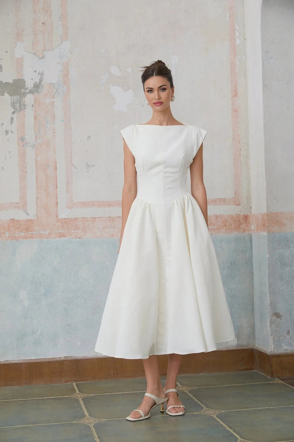 Mikayla Midi Dress White Open - Back Cap - Sleeve & Pleated Charm