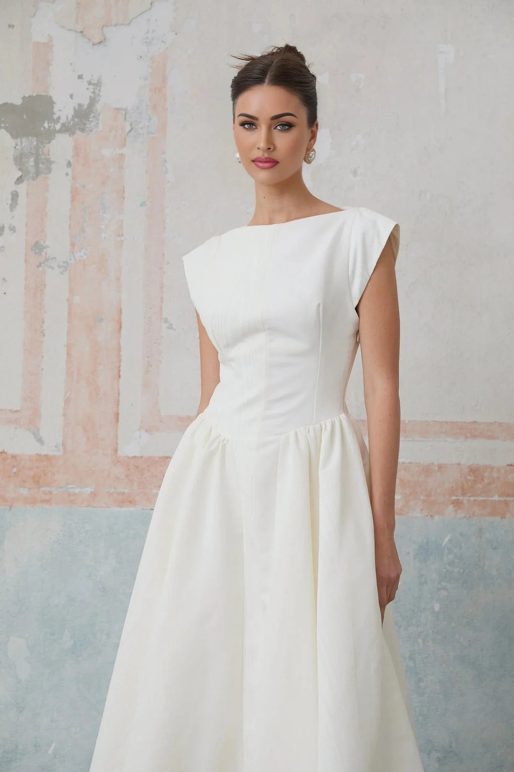 Mikayla Midi Dress White Open - Back Cap - Sleeve & Pleated Charm
