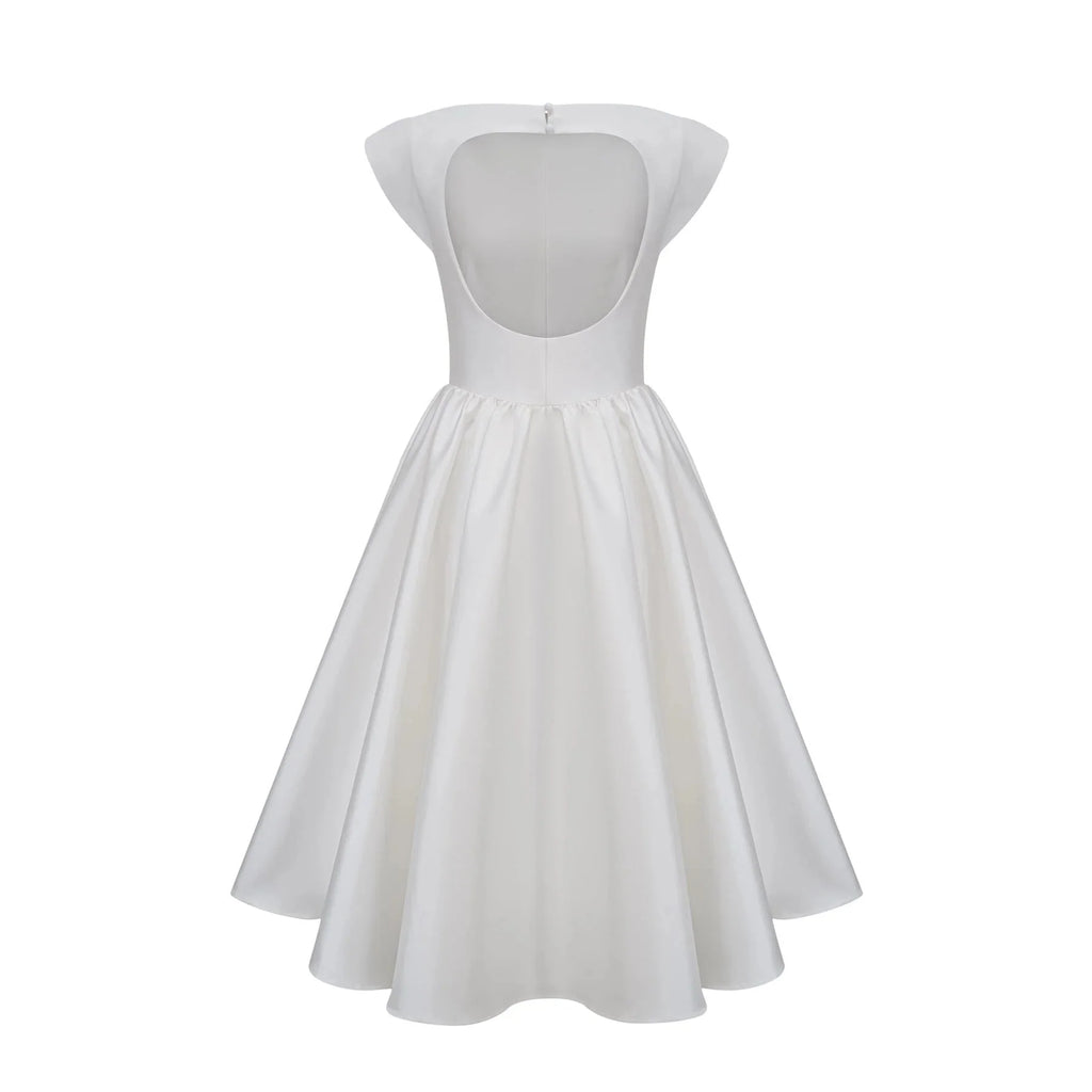 Mikayla Midi Dress White Open - Back Cap - Sleeve & Pleated Charm