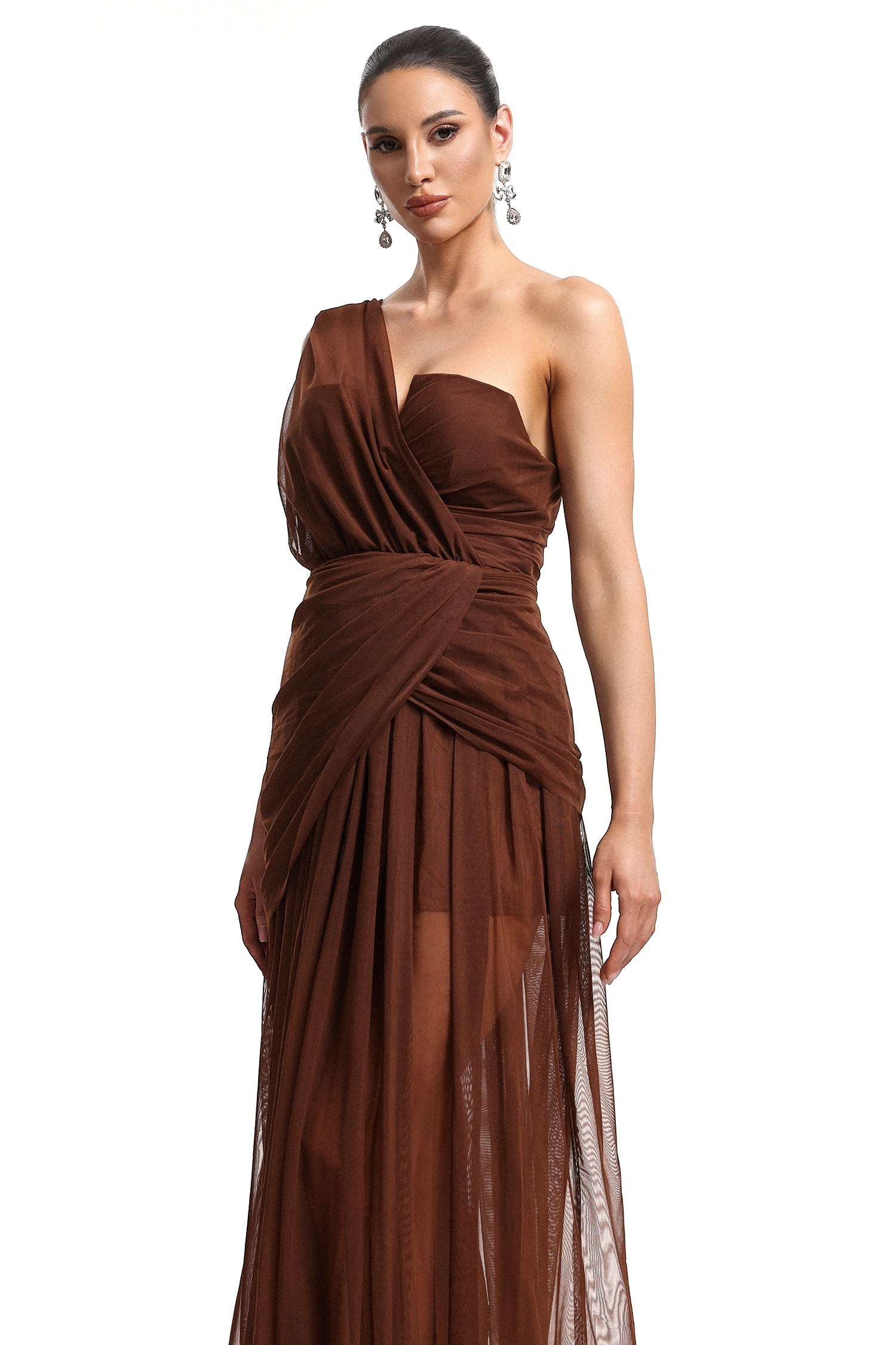 Milena Brown One-Shoulder Maxi Dress with Wrapped Bodice and Waist Detailing