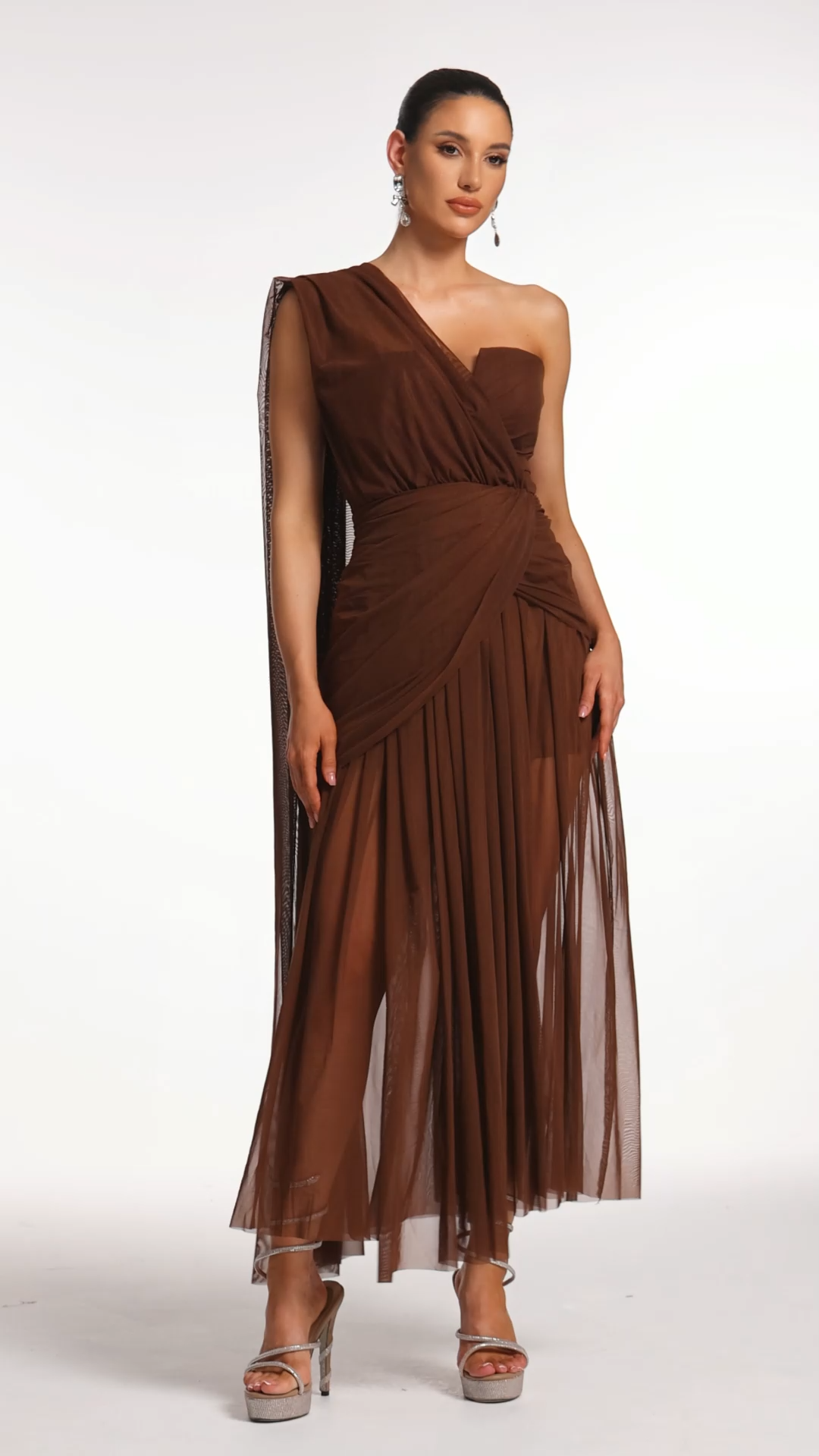 Milena Brown One-Shoulder Maxi Dress Soft Mesh Fabric Elegant Formal Evening Wear Special Occasion Outfit Refinement Versatile Design Stylish Heels Accessories