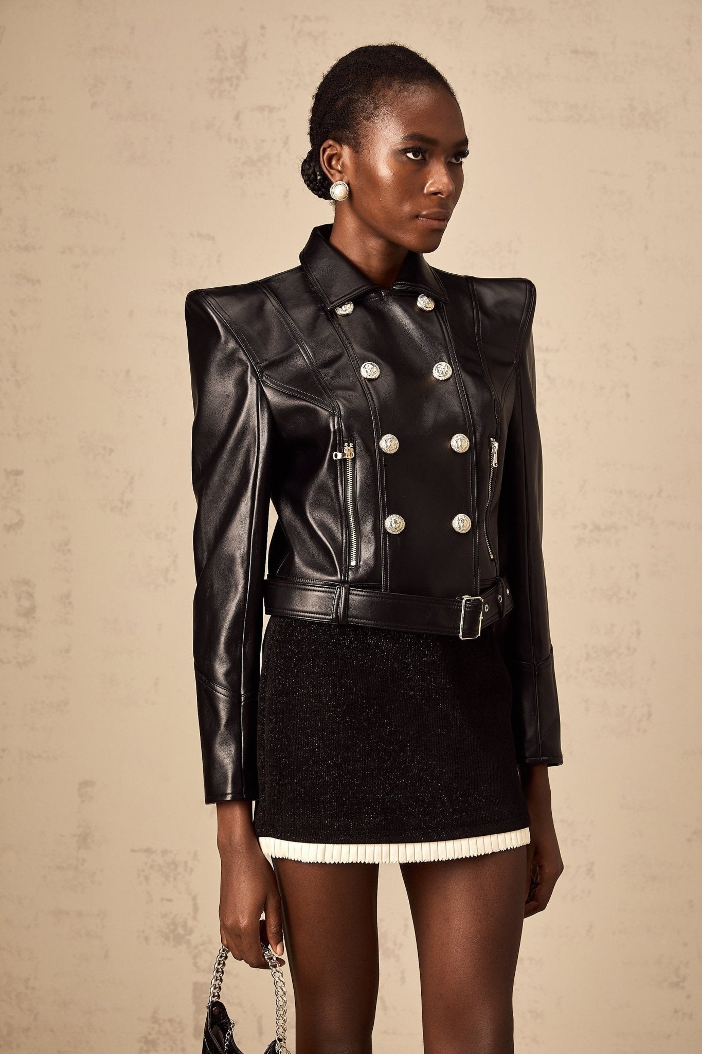 Milena Jacket Black Faux Leather Double Breasted Gold & Belted