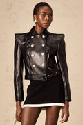 Milena Jacket Black Faux Leather Double Breasted Gold & Belted