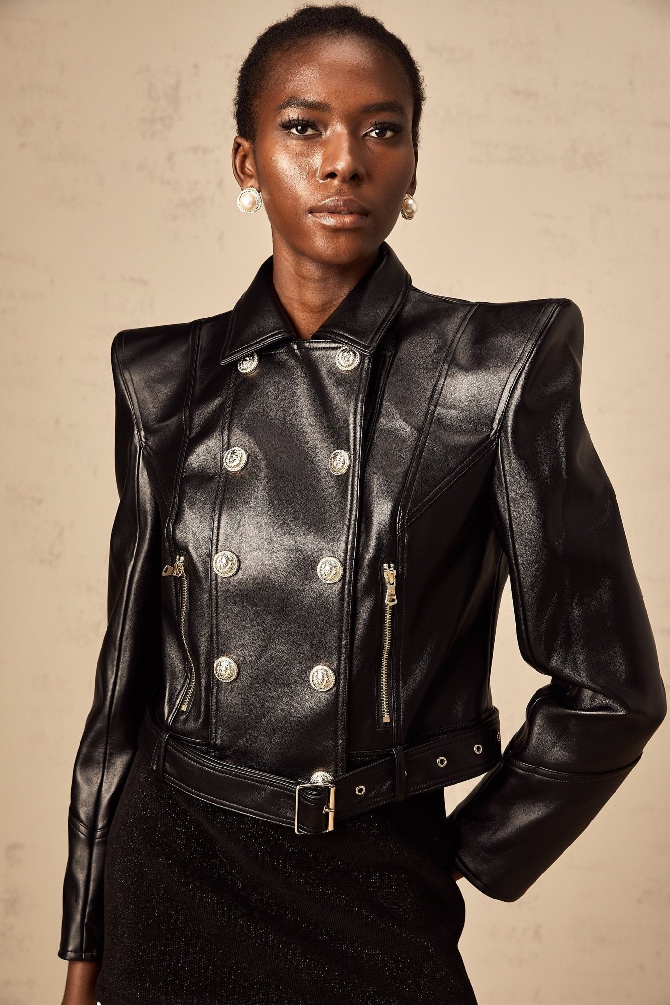 Milena Jacket - Faux Leather - Lapels - Zippered Cuffs - Double - Breasted Button Fastening