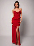 Milena Maxi Dress - Spaghetti Strap Neckline - a - Line Silhouette - Backless Design - Split Thigh Detail