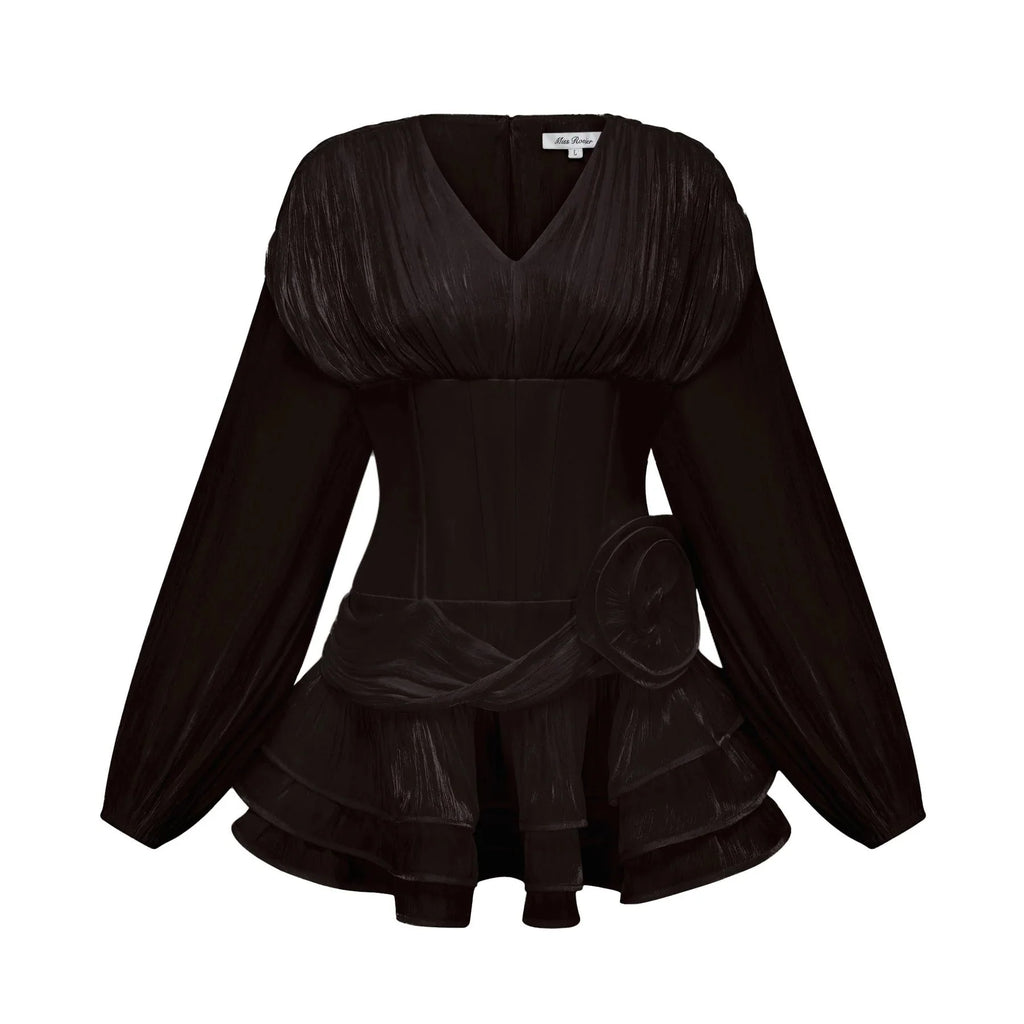 Milena Mini Dress Black Pleated Ruffled Hem Sparkling Glitter Floral Detail