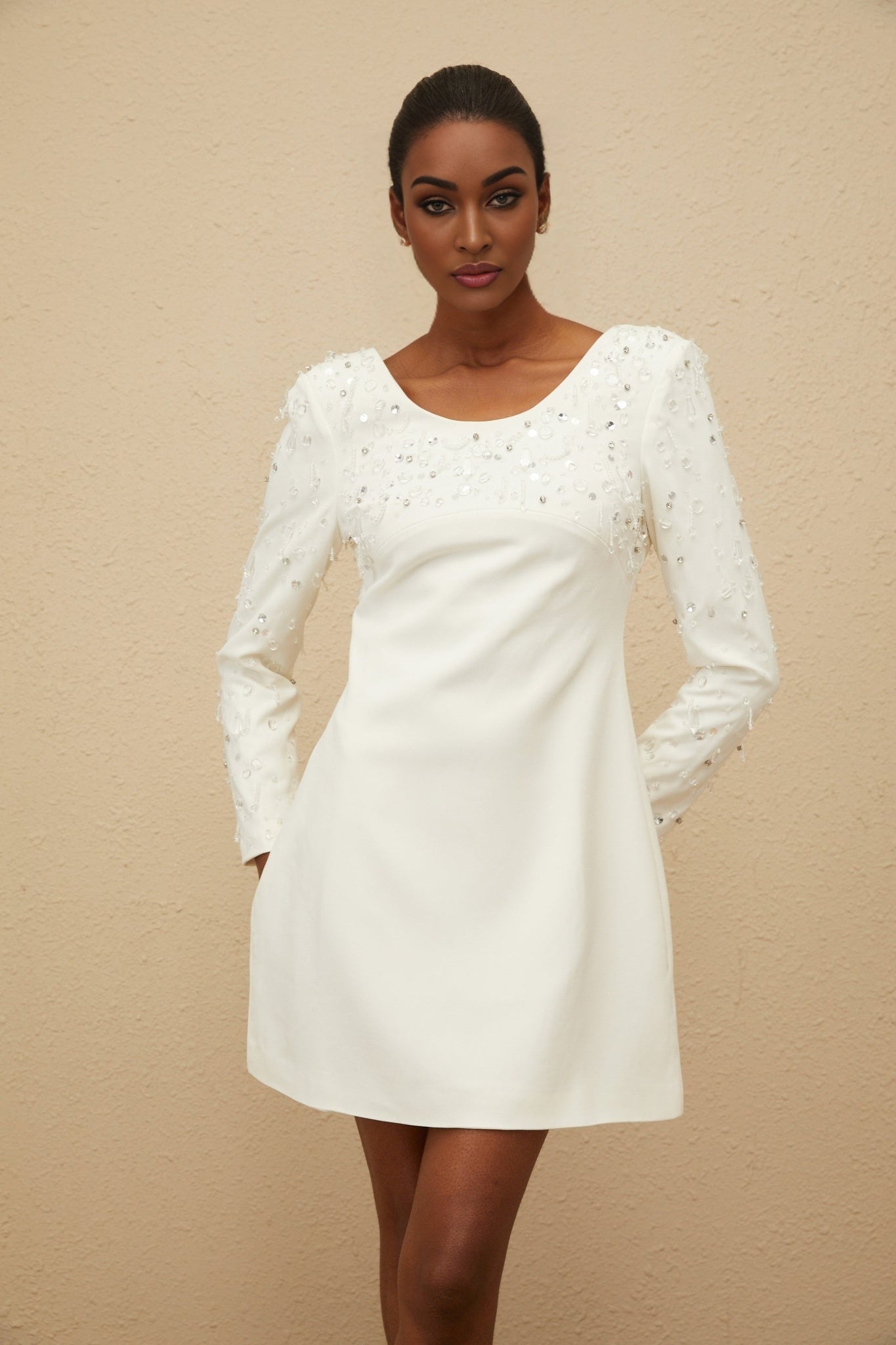 Mini Dress - Long Sleeve - Sequin & Crystal Embellishment - Fitted Waist - A - Line - Rear Zip