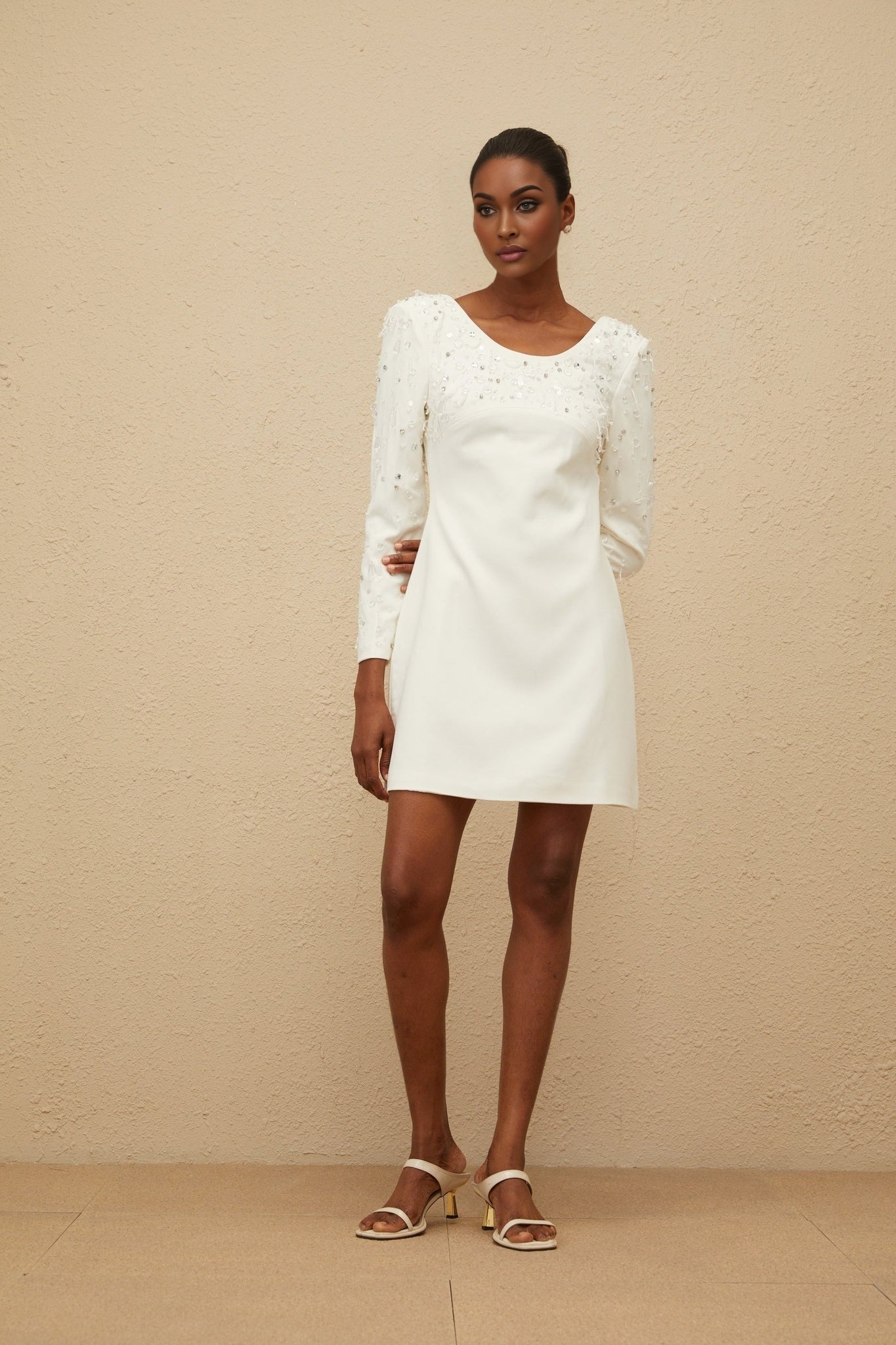 Mini Dress - Long Sleeve - Sequin & Crystal Embellishment - Fitted Waist - A - Line - Rear Zip