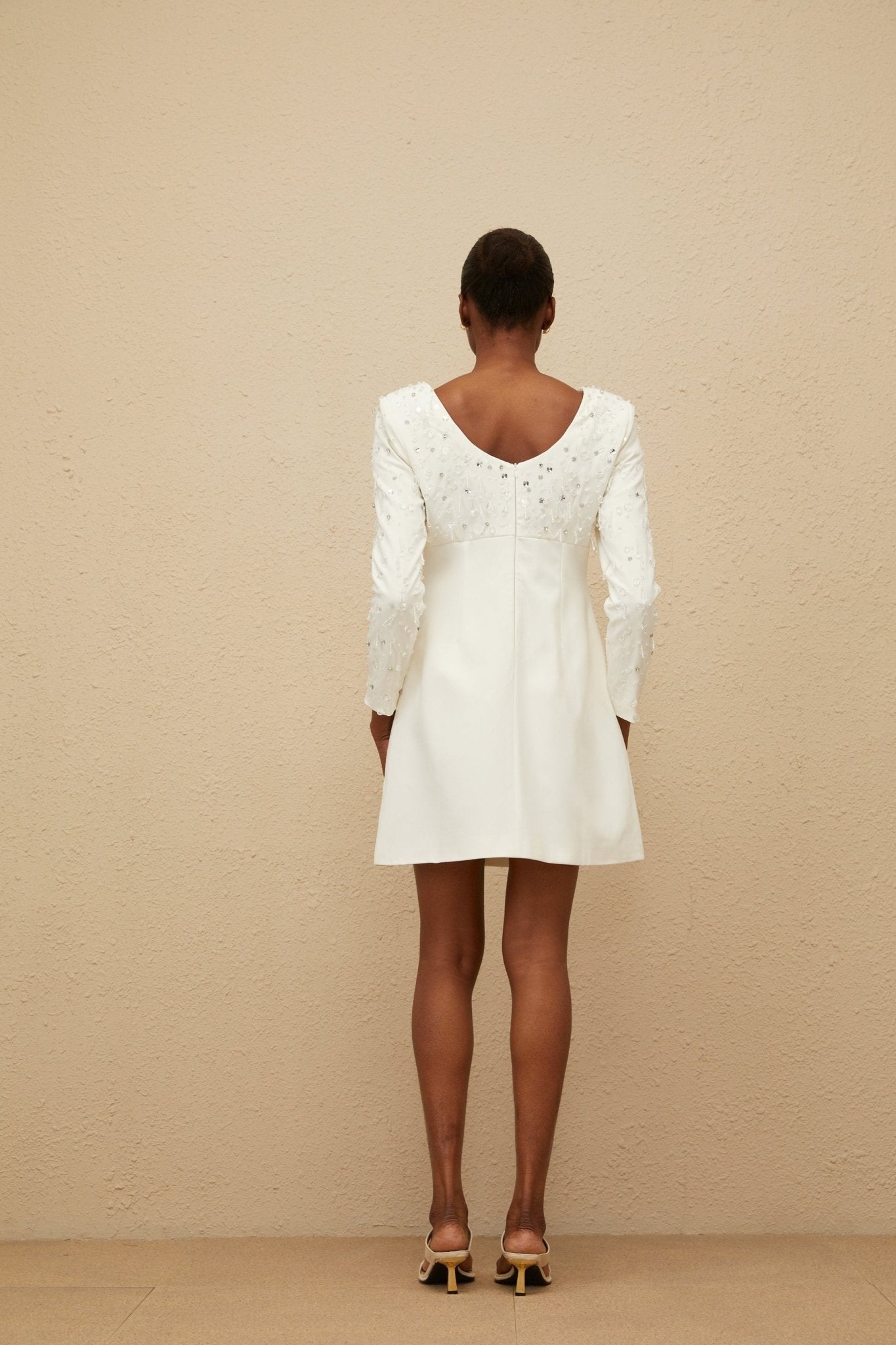 Mini Dress - Long Sleeve - Sequin & Crystal Embellishment - Fitted Waist - A - Line - Rear Zip