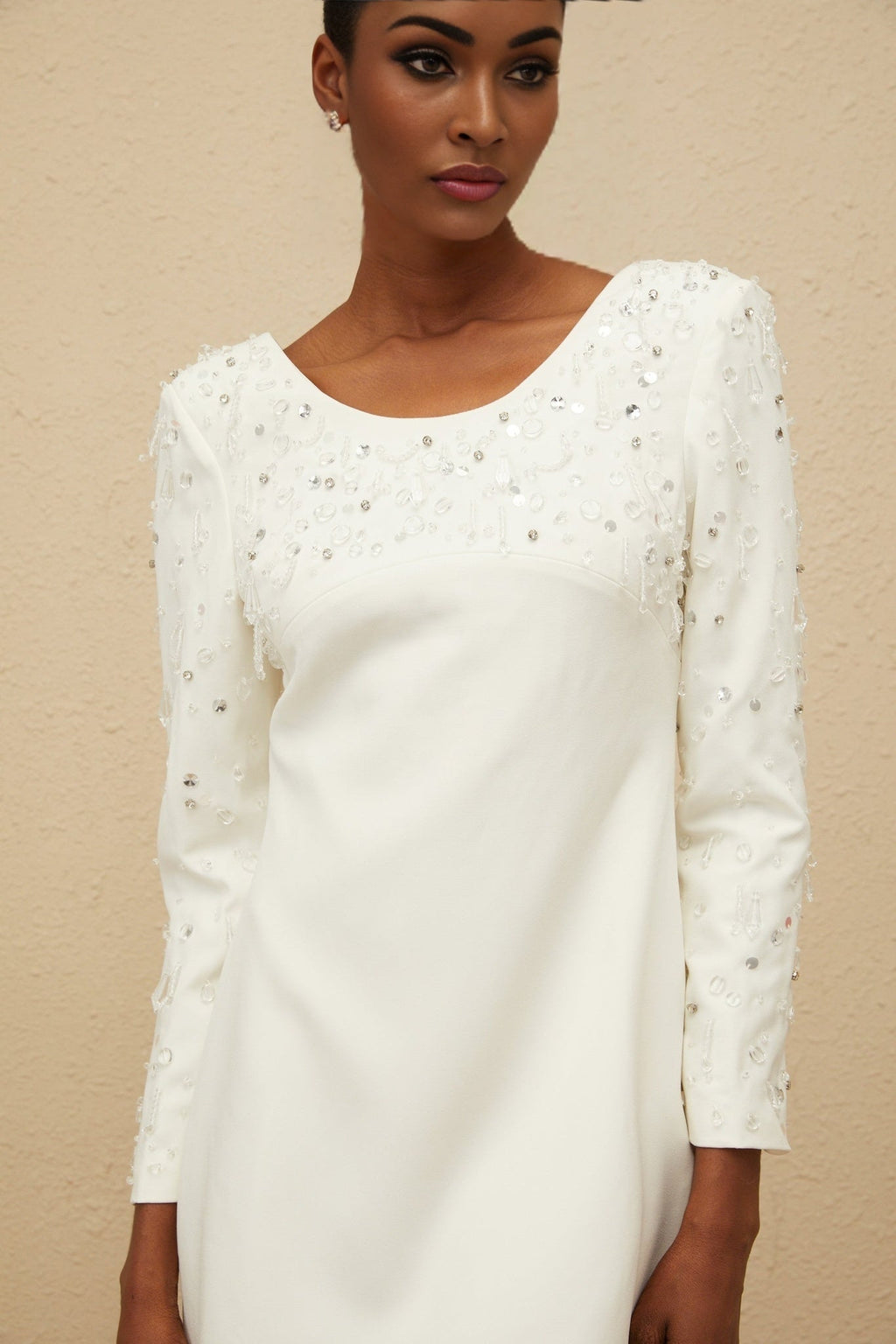 Mini Dress - Long Sleeve - Sequin & Crystal Embellishment - Fitted Waist - A - Line - Rear Zip