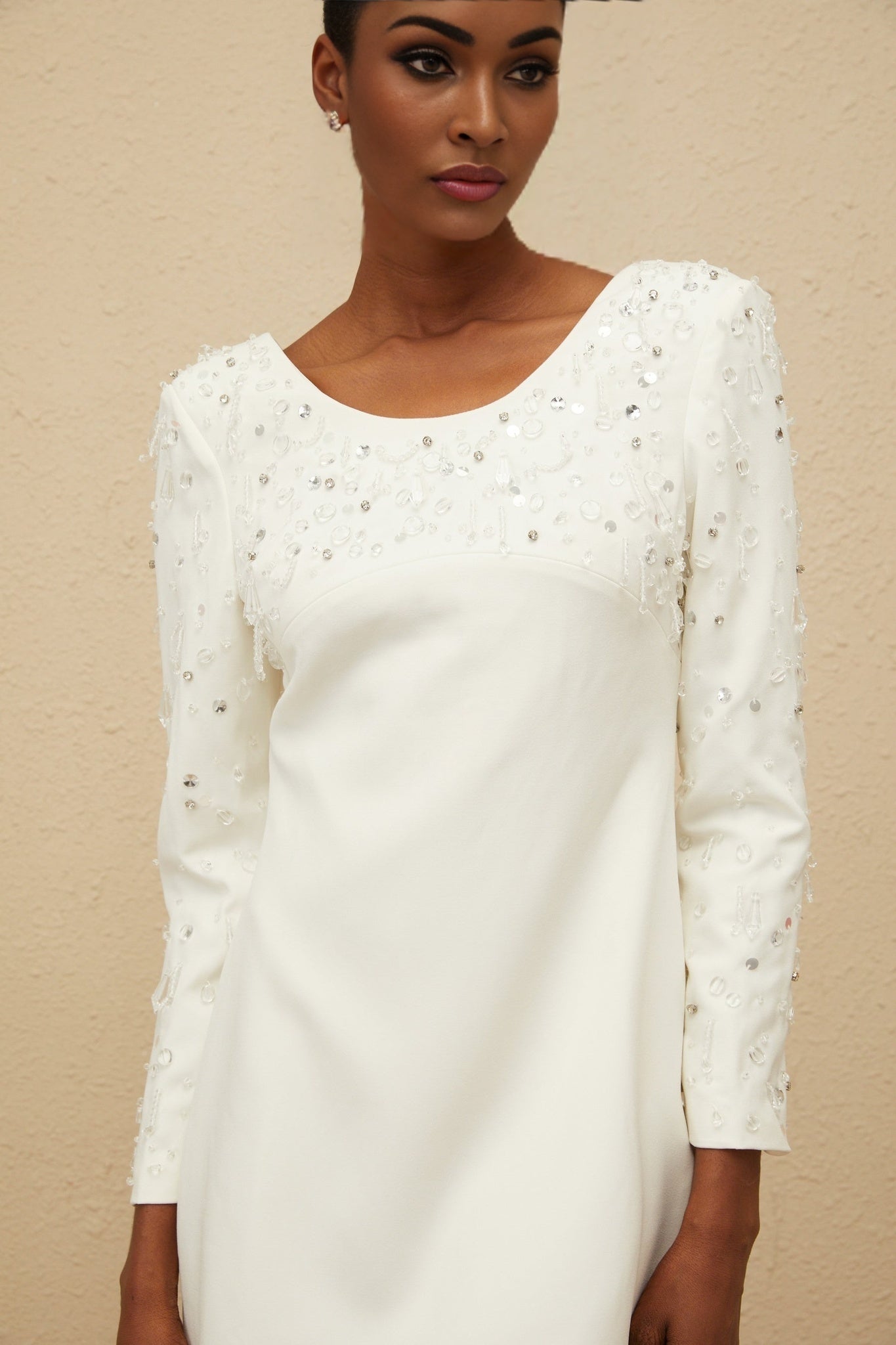 Mini Dress - Long Sleeve - Sequin & Crystal Embellishment - Fitted Waist - A - Line - Rear Zip