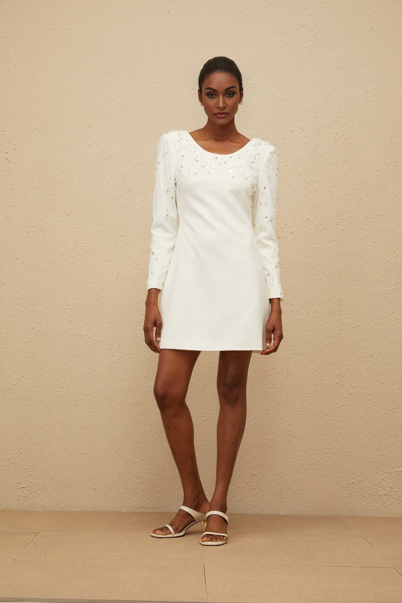 Mini Dress - Long Sleeve - Sequin & Crystal Embellishment - Fitted Waist - A - Line - Rear Zip