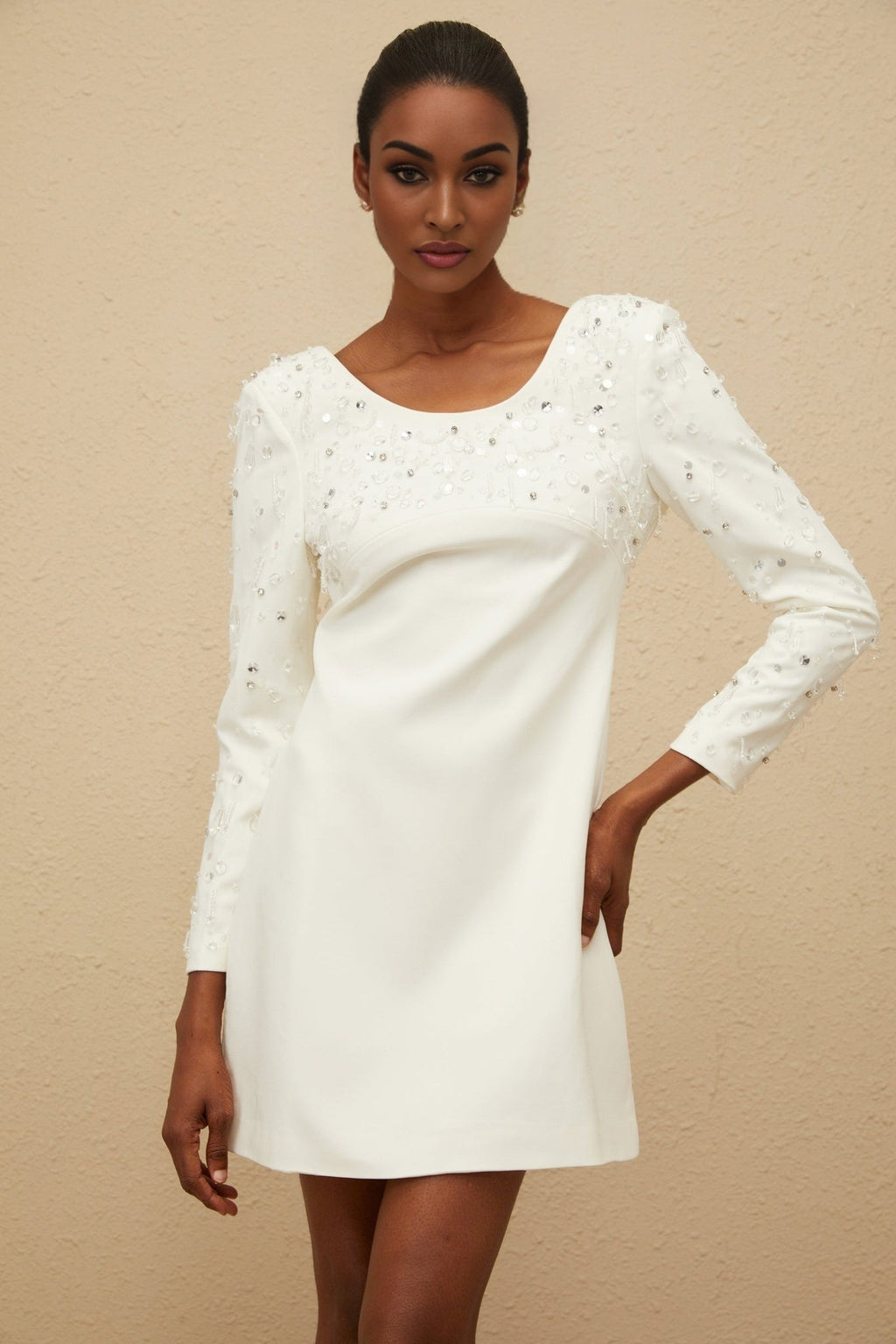 Mini Dress - Long Sleeve - Sequin & Crystal Embellishment - Fitted Waist - A - Line - Rear Zip