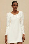 Mini Dress - Long Sleeve - Sequin & Crystal Embellishment - Fitted Waist - A - Line - Rear Zip