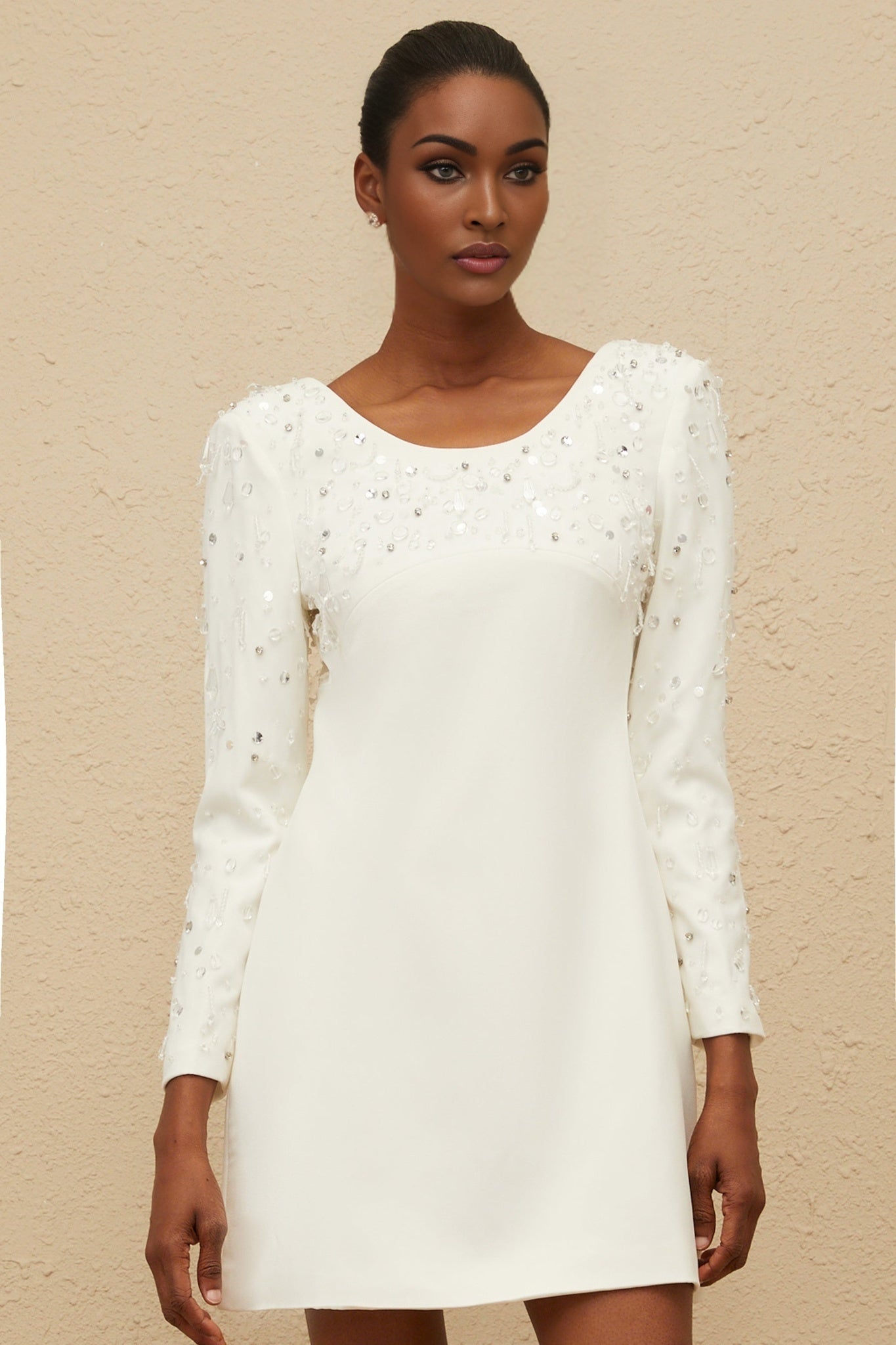 Mini Dress - Long Sleeve - Sequin & Crystal Embellishment - Fitted Waist - A - Line - Rear Zip