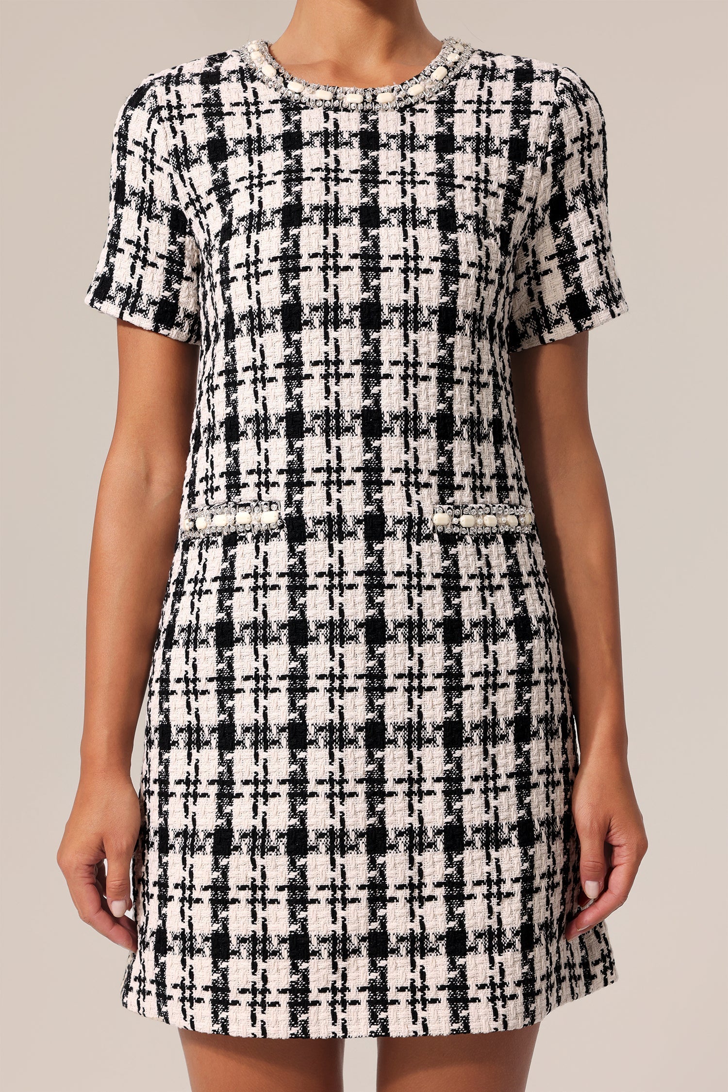 Miracle Black Check Pattern Mini Dress Round Neckline Textured Fabric Chic Elegance Modern Design Versatile Wardrobe Staple Style Grace