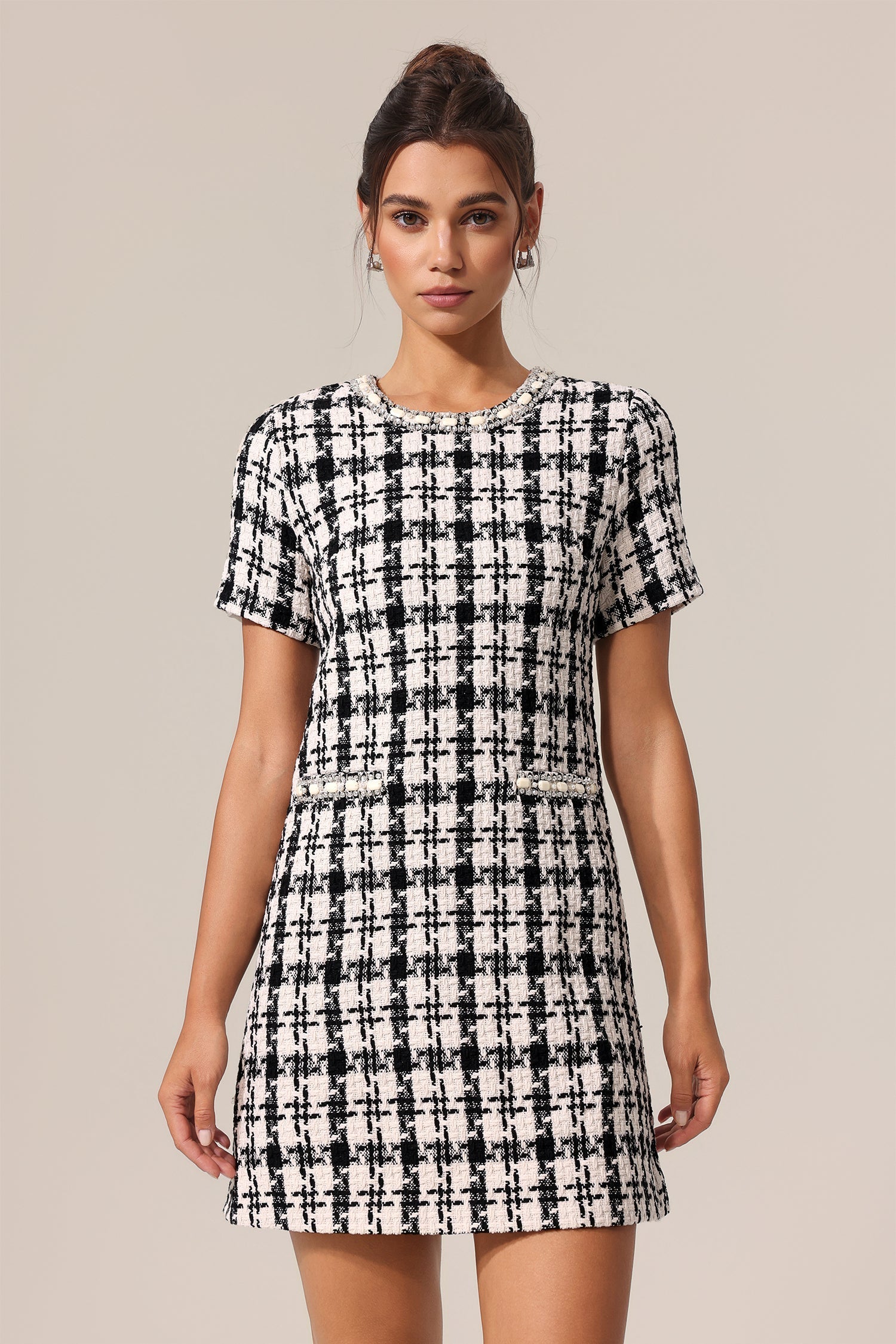 Miracle Black Check Pattern Round Neck Mini Dress