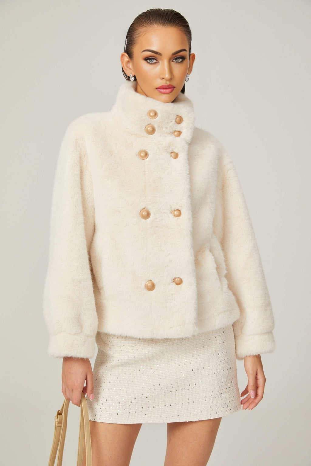 Miracle Jacket Miracle Faux Fur Double Breasted White & Stand