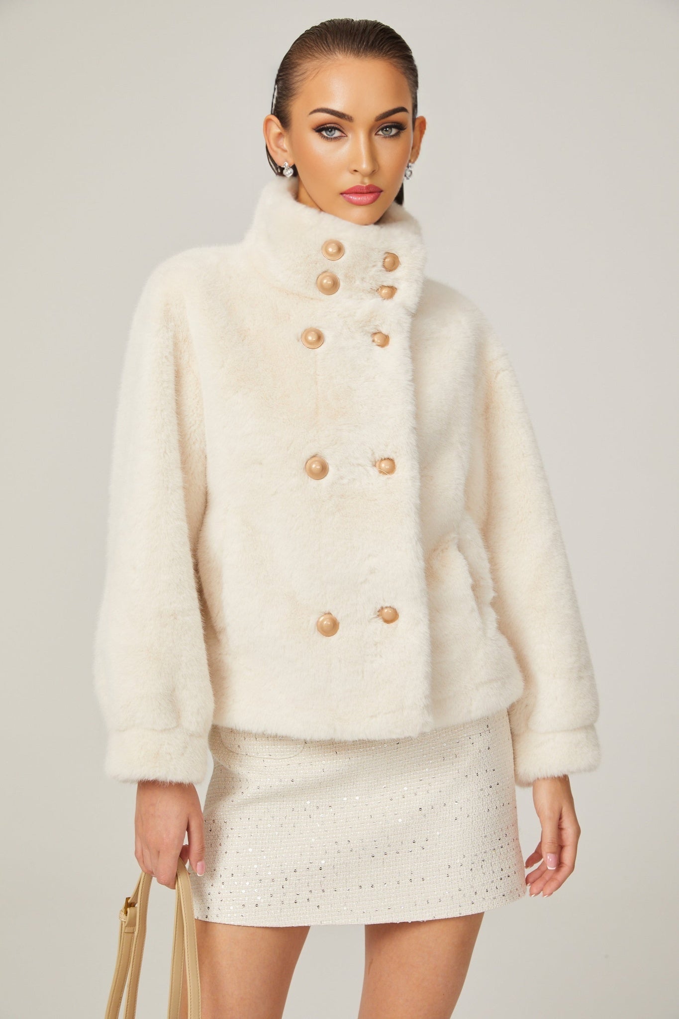 Miracle Jacket Miracle Faux Fur Double Breasted White & Stand