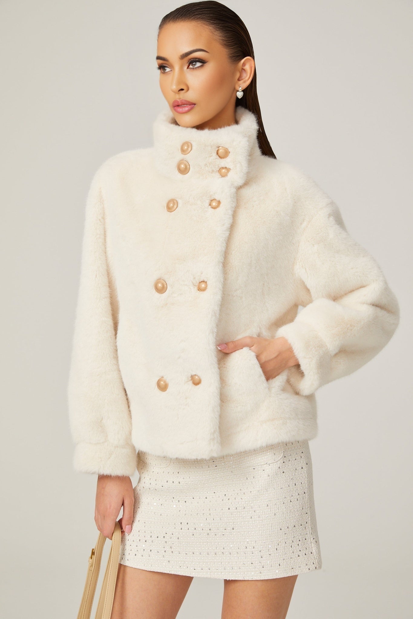 Miracle Jacket Miracle Faux Fur Double Breasted White & Stand