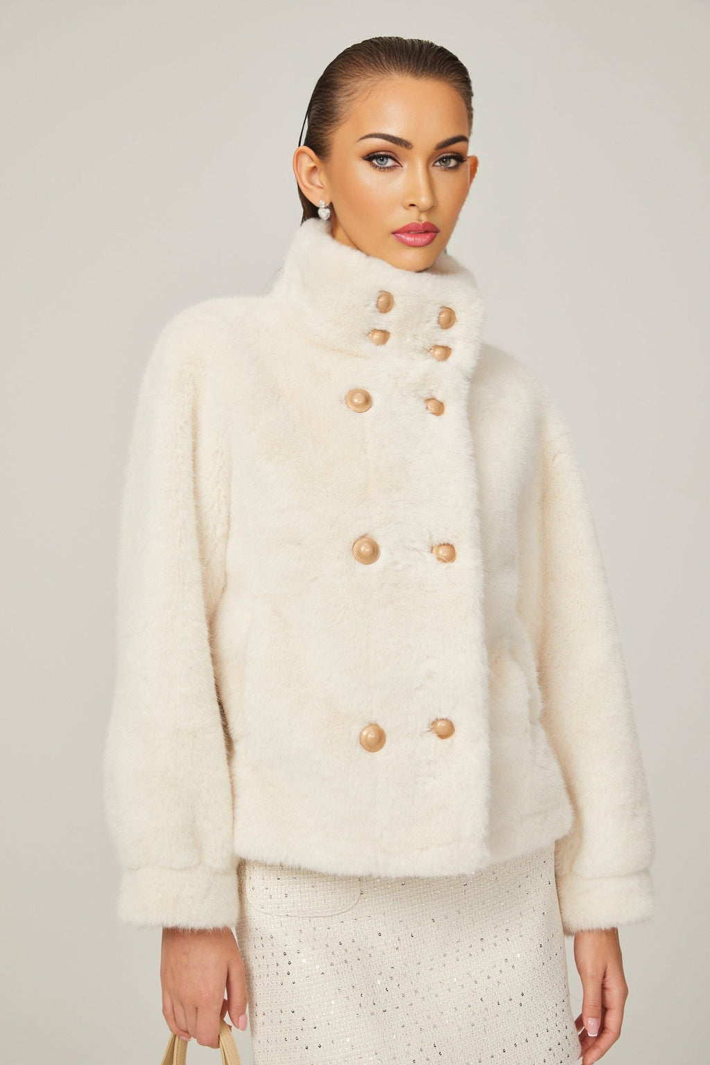 Miracle Jacket Miracle Faux Fur Double Breasted White & Stand