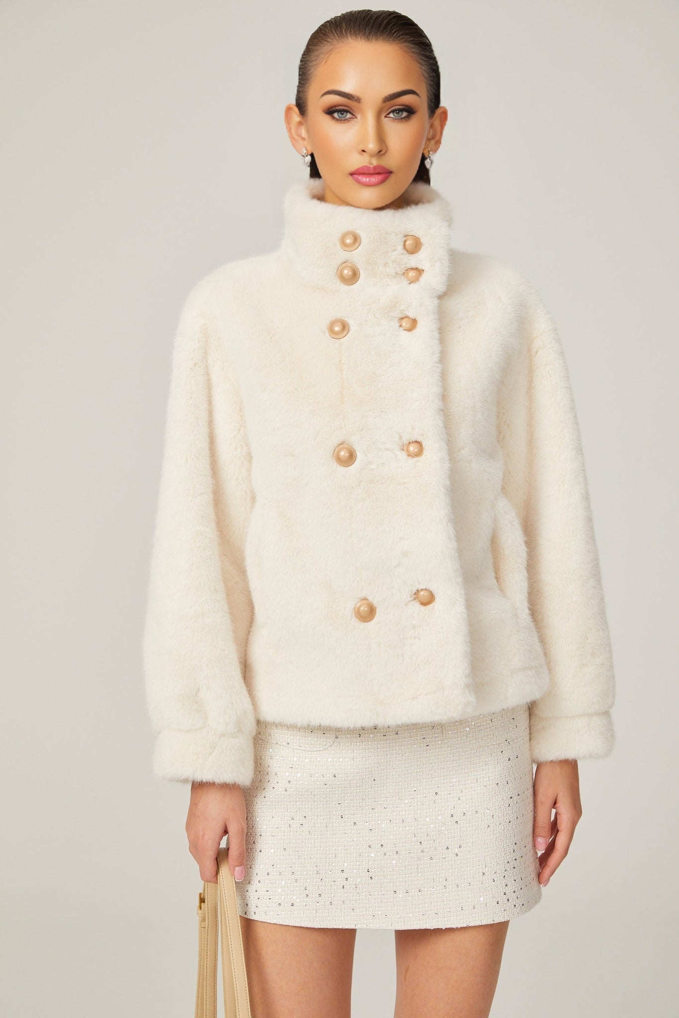 Miracle Jacket Miracle Faux Fur Double Breasted White & Stand