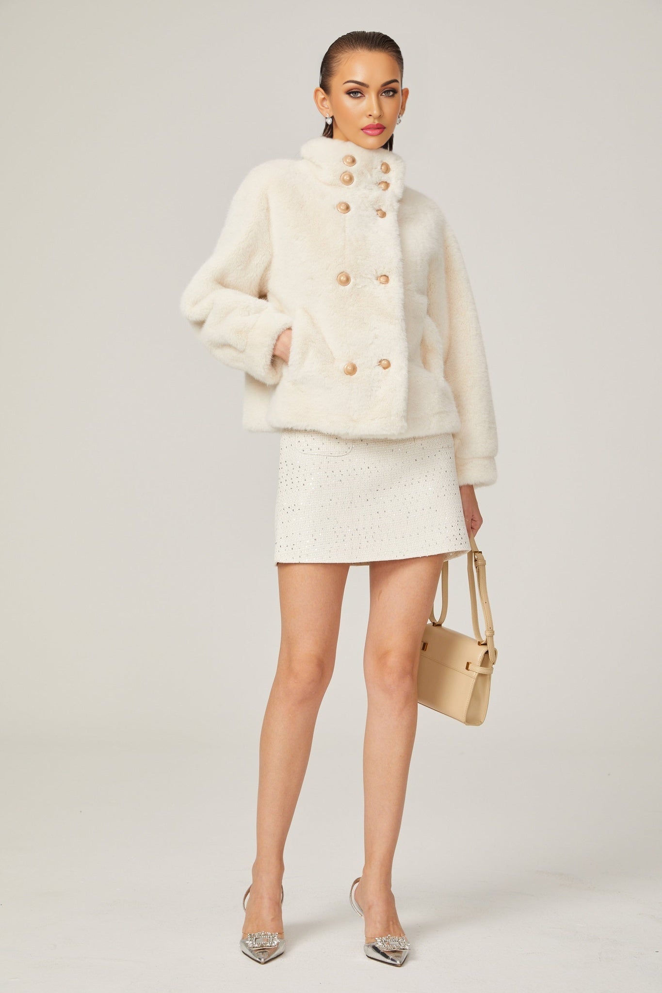 Miracle Jacket Miracle Faux Fur Double Breasted White & Stand