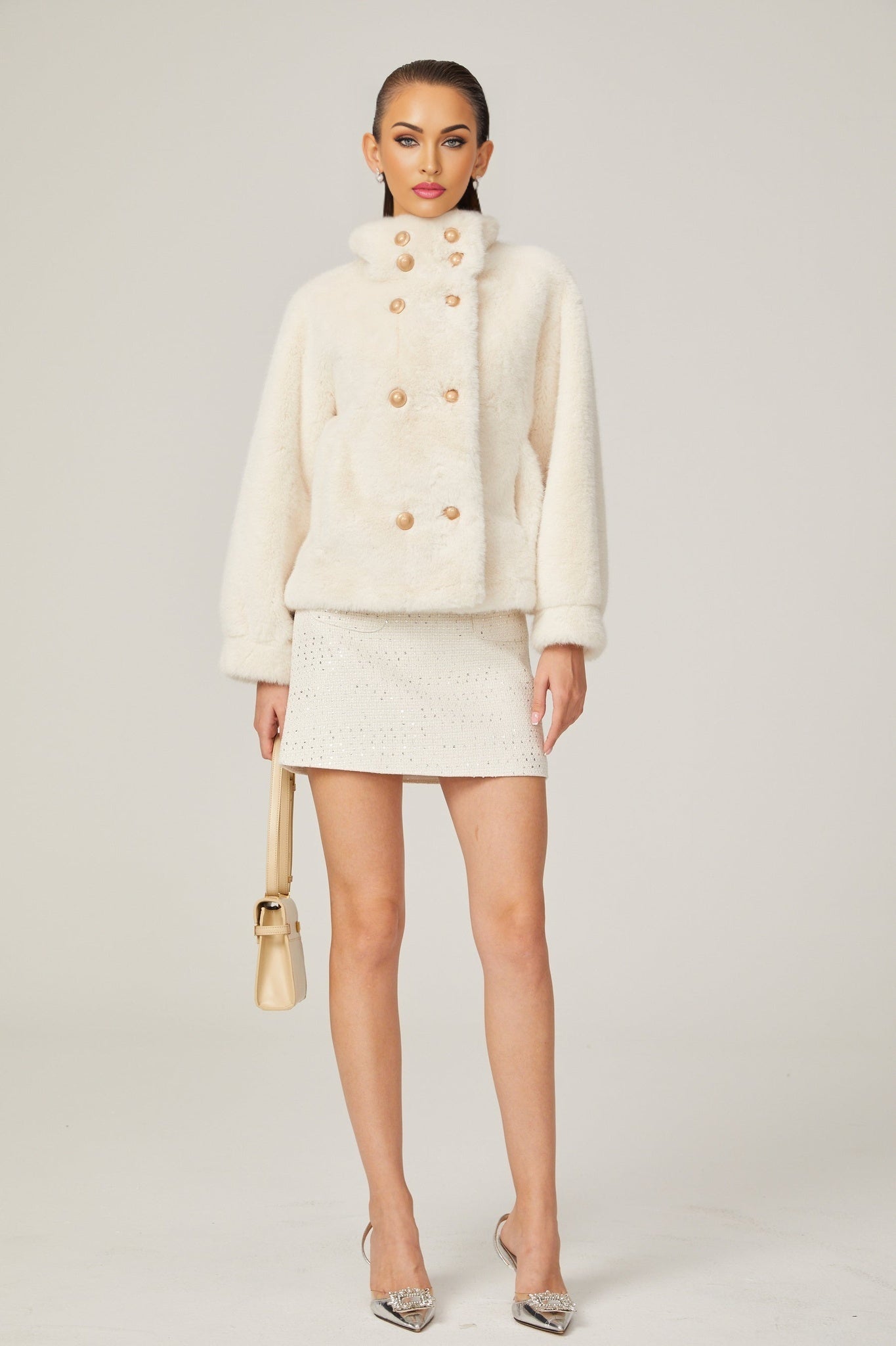 Miracle Jacket Miracle Faux Fur Double Breasted White & Stand