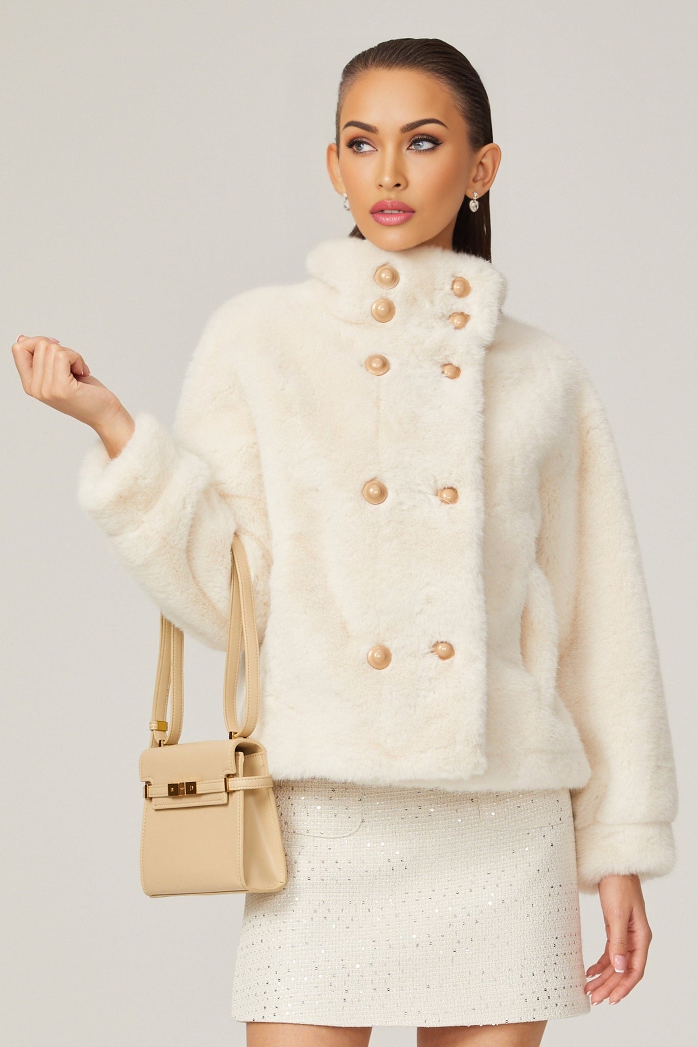 Miracle Jacket Miracle Faux Fur Double Breasted White & Stand