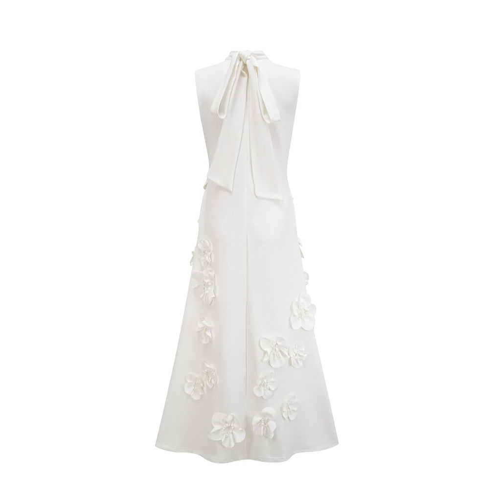 Miracle Maxi Dress - White - Bow - Tie Feature with Faux - Flower Embellishments