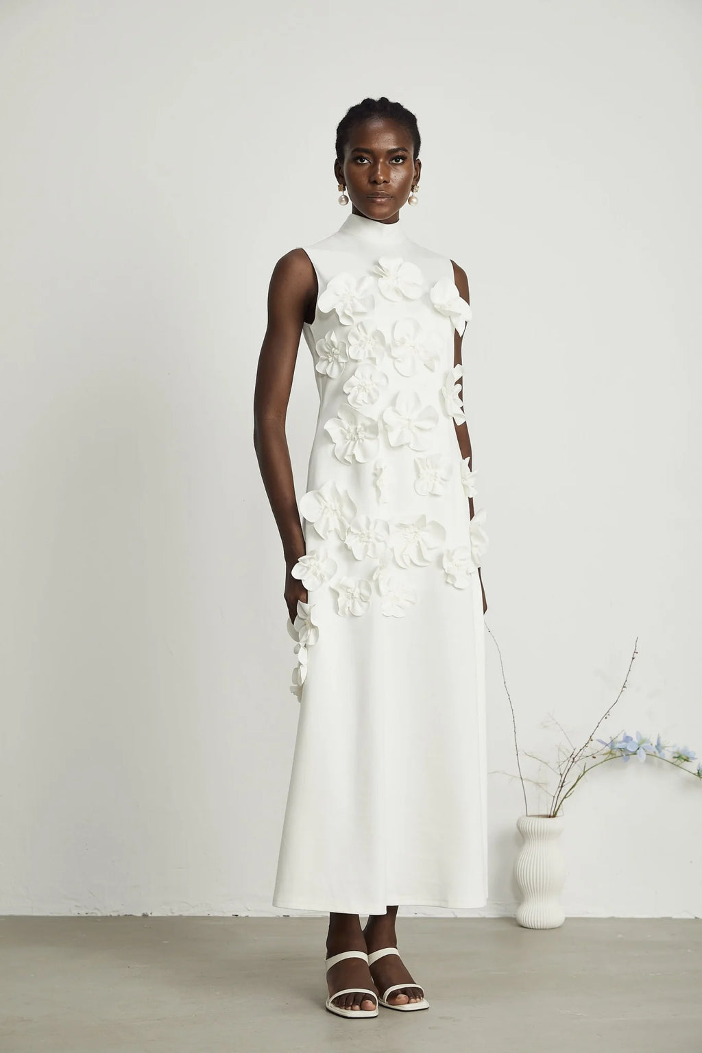 Miracle Maxi Dress - White - Bow - Tie Feature with Faux - Flower Embellishments