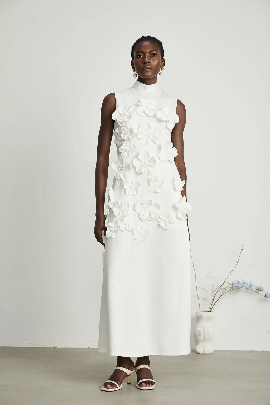 Miracle Maxi Dress - White - Bow - Tie Feature with Faux - Flower Embellishments
