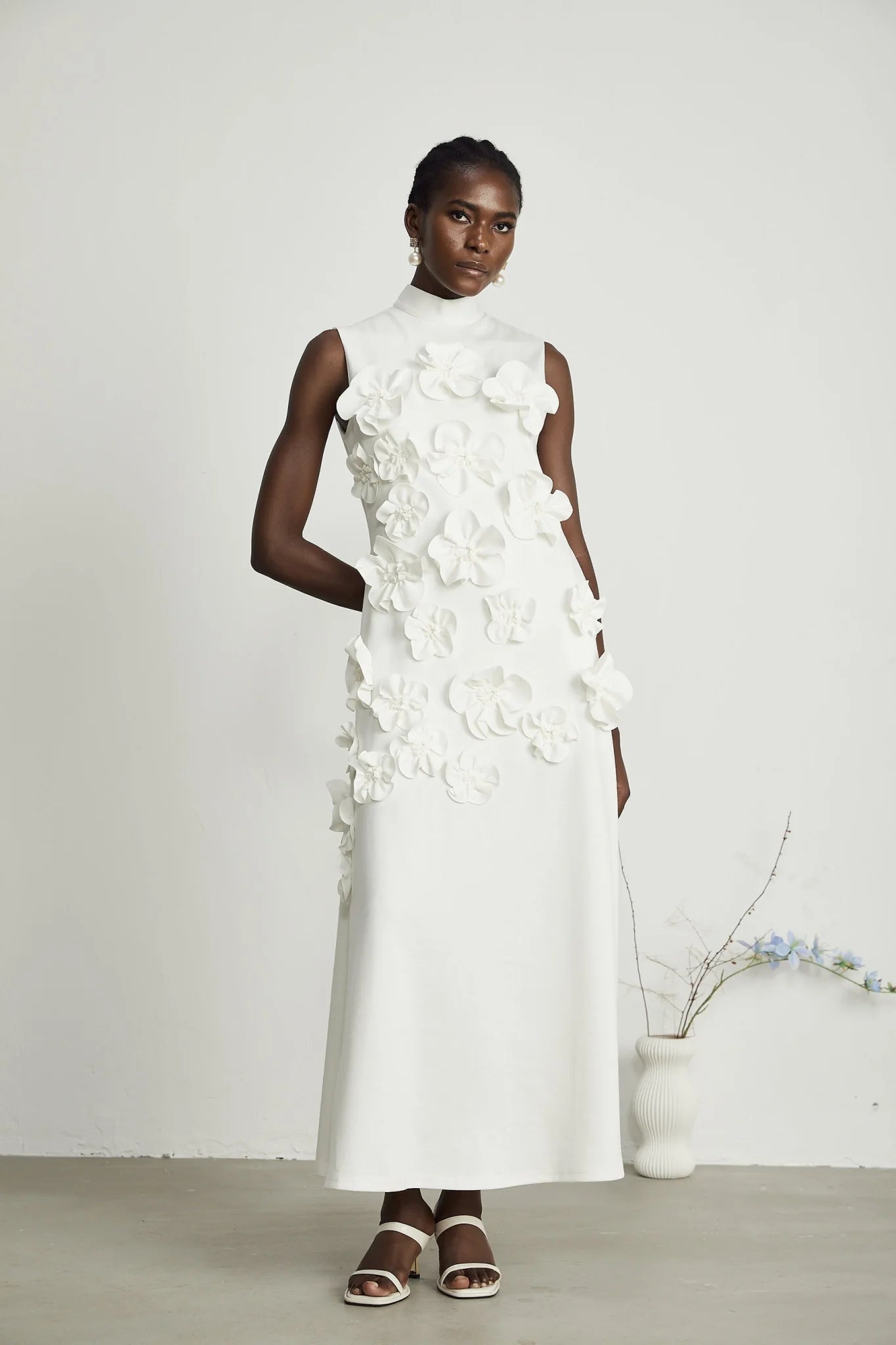 Miracle Maxi Dress - White - Bow - Tie Feature with Faux - Flower Embellishments