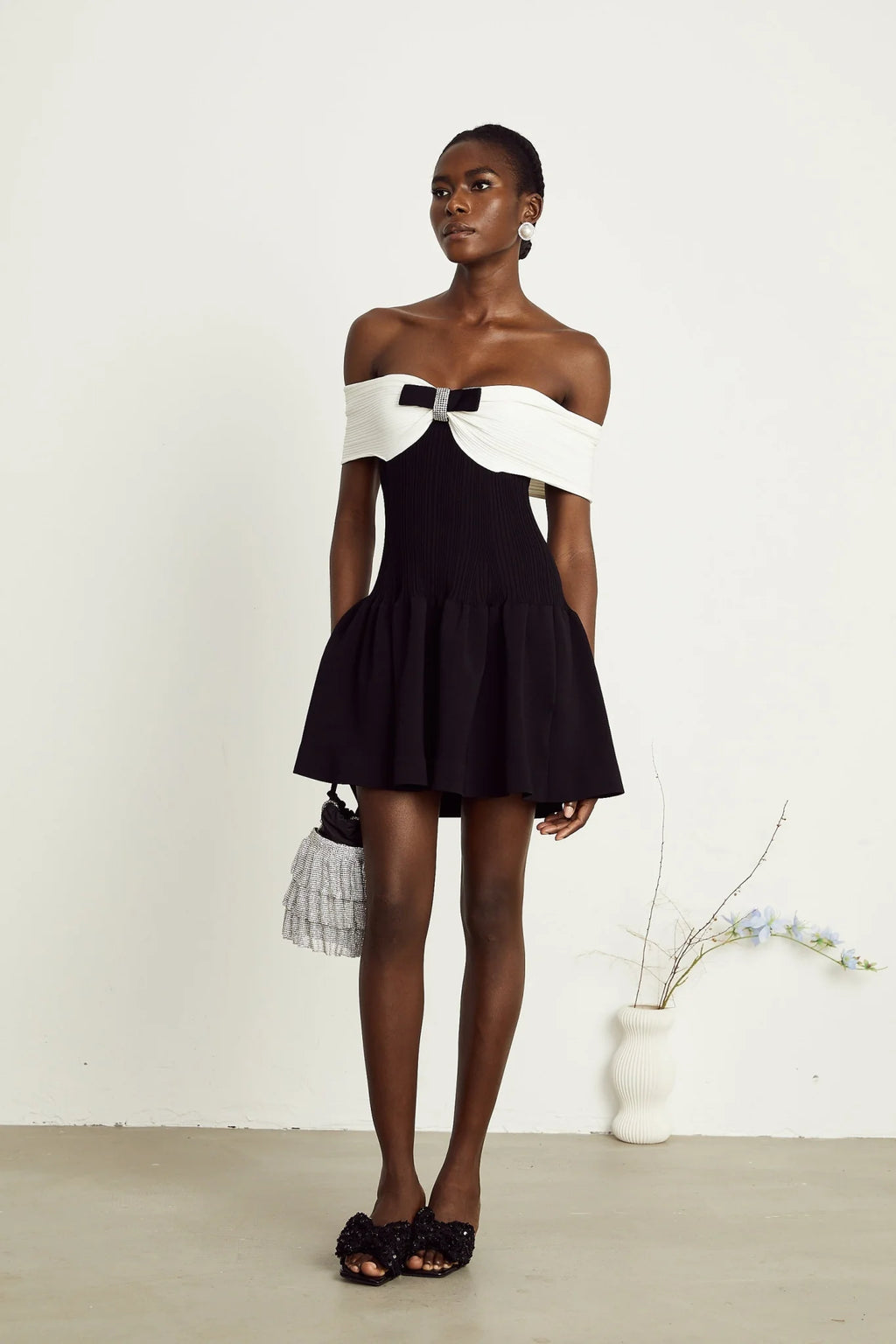 Miracle Mini Dress Crystal Bow Off Shoulder Black White Thigh