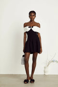 Miracle Mini Dress Crystal Bow Off Shoulder Black White Thigh