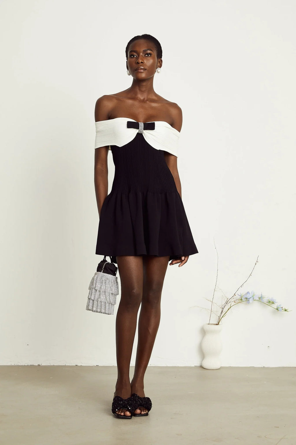 Miracle Mini Dress Crystal Bow Off Shoulder Black White Thigh