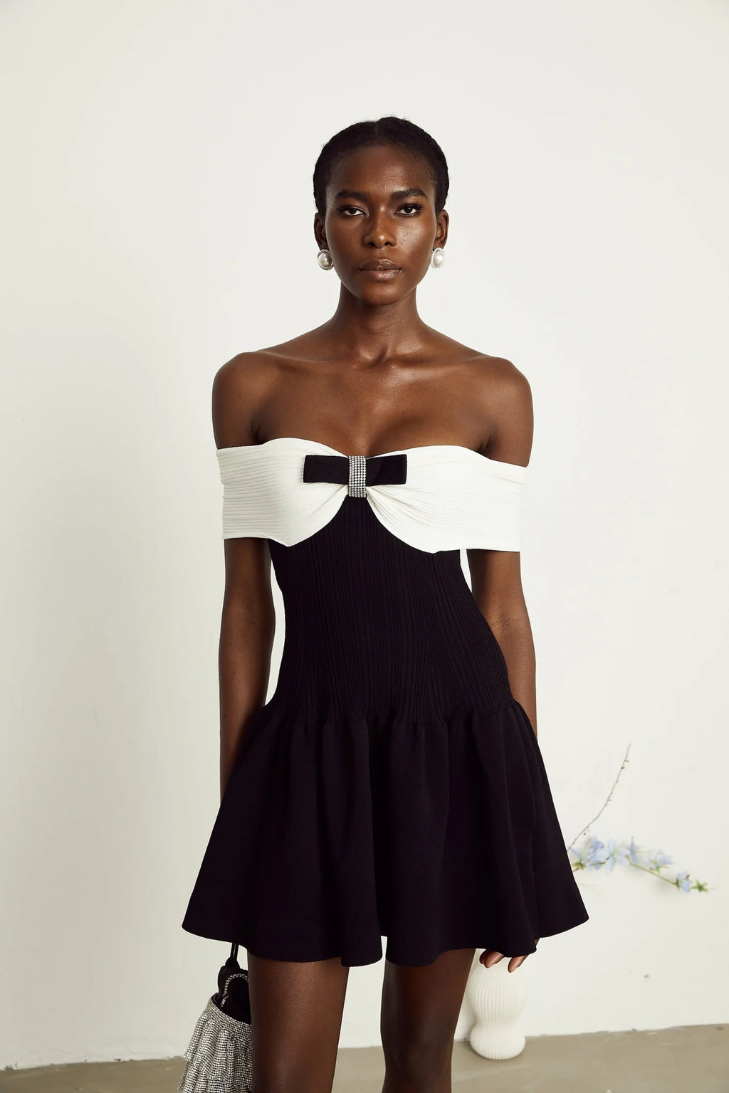 Miracle Mini Dress Crystal Bow Off Shoulder Black White Thigh