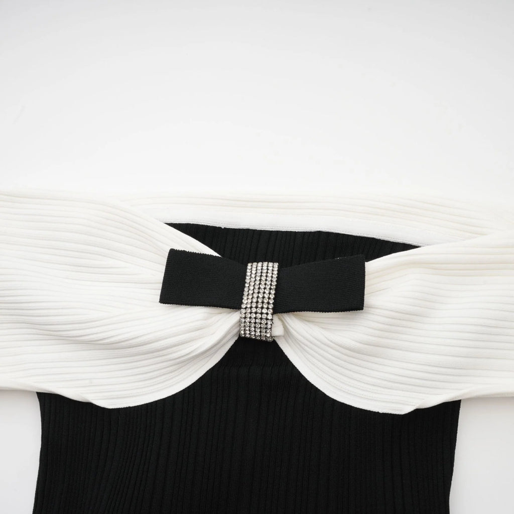 Miracle Mini Dress Crystal Bow Off Shoulder Black White Thigh