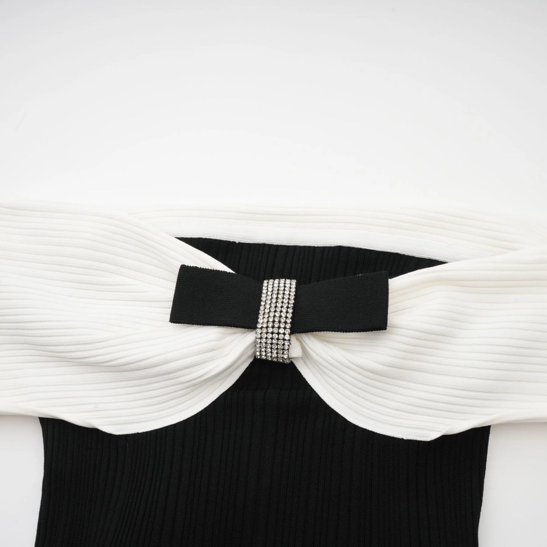 Miracle Mini Dress Crystal Bow Off Shoulder Black White Thigh