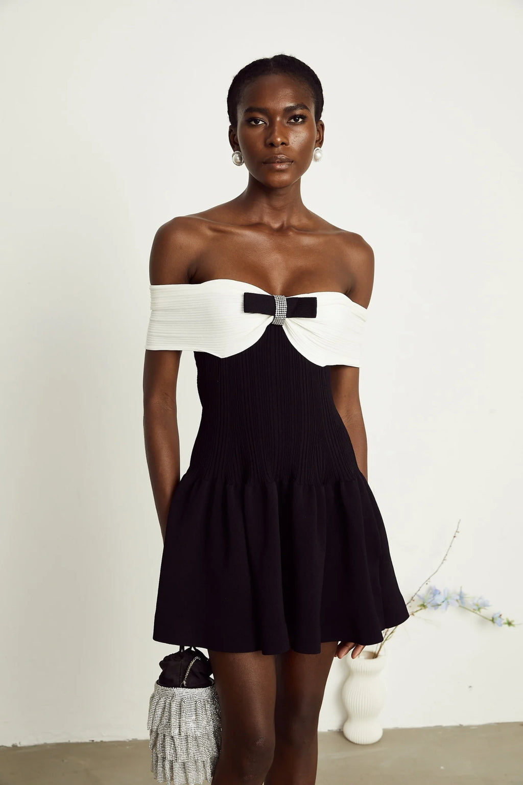 Miracle Mini Dress Crystal Bow Off Shoulder Black White Thigh