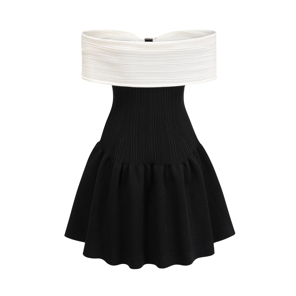 Miracle Mini Dress Crystal Bow Off Shoulder Black White Thigh