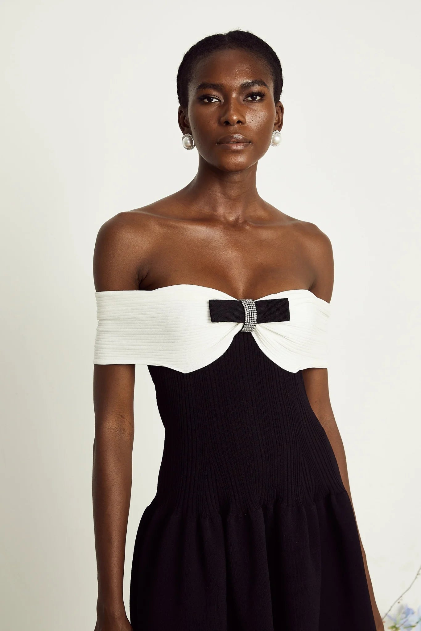 Miracle Mini Dress Crystal Bow Off Shoulder Black White Thigh